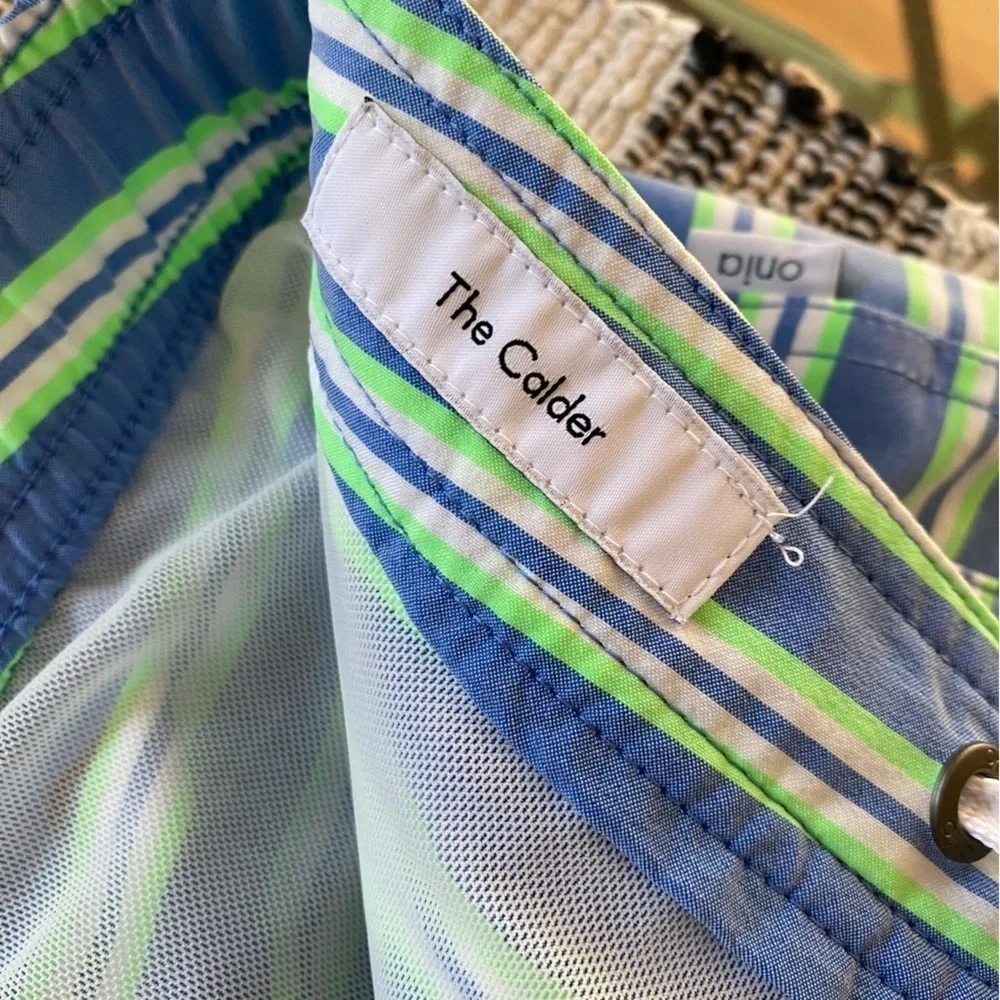 Onia Blue Green White Stripe The Calder Swim Shorts Trunks Small